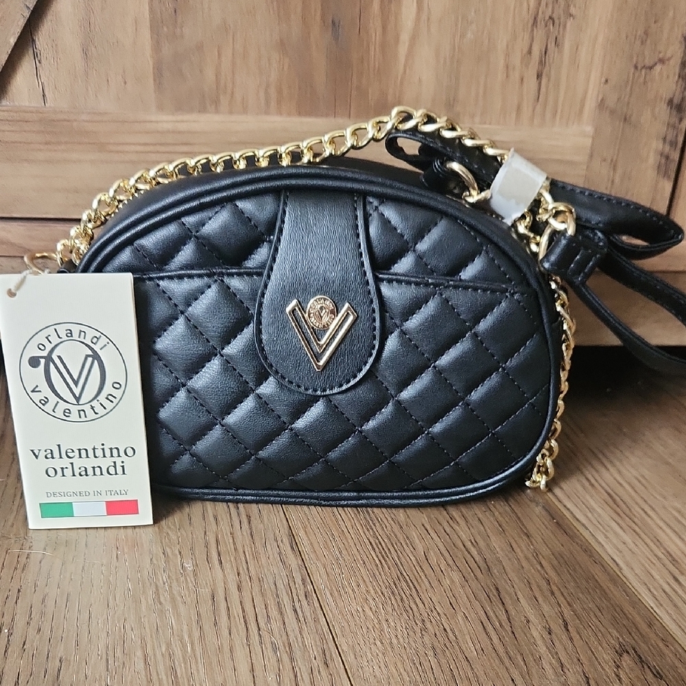 Valentino Orlandi Black Quilted Crossbody Bag with Gold Chain